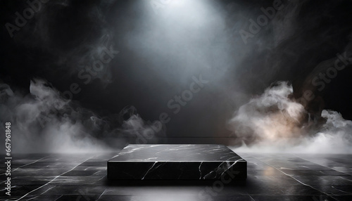 Empty black marble table podium with black stone floor in dark room with smoke. High quality photo