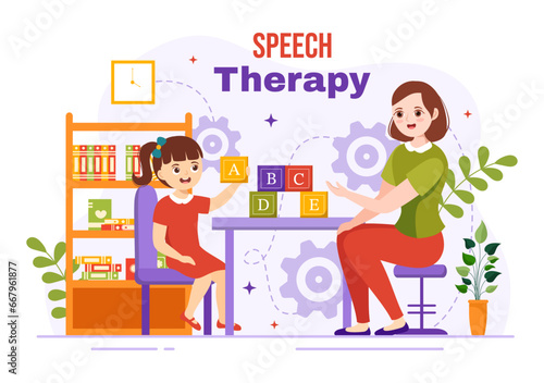 Speech Therapy Vector Illustration with Kids Training Basic Language Skills and Articulation Problem in Education Flat Cartoon Background Templates