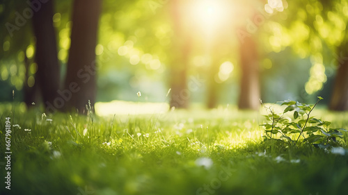 Defocused green trees in forest with grass