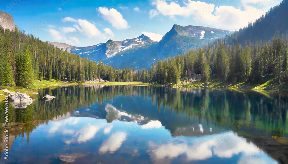 A serene mountain landscape with a reflective lake, surrounded by picturesque mountains and trees, illustrating nature's serene beauty. High quality photo