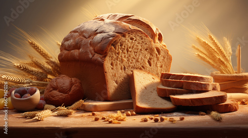 Different kinds of bread and wheat on wooden table. Food background. photo