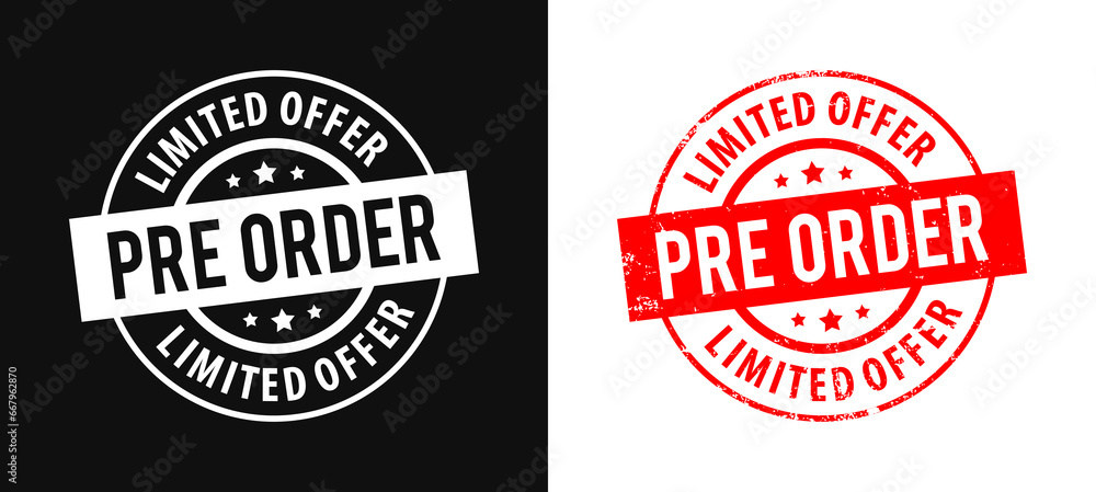 Pre order limited offer text with grunge circular red stamp frame. Vector Illustration
