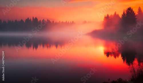Gorgeous panorama scenic of the strong sunrise with silver lining and cloud on the orange pinky sky © AntokSena