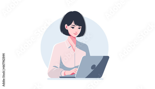 business woman with laptop, flat vector art, technology concept, isolated, Laptop computer technology concept character . Flat vector illustration