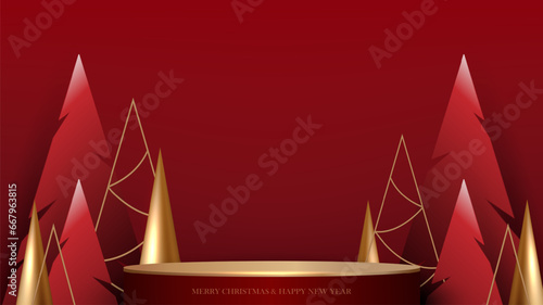 Stage podium decorated with Christmas trees Paper cut, Gold metal on Red background. Vector illustration.