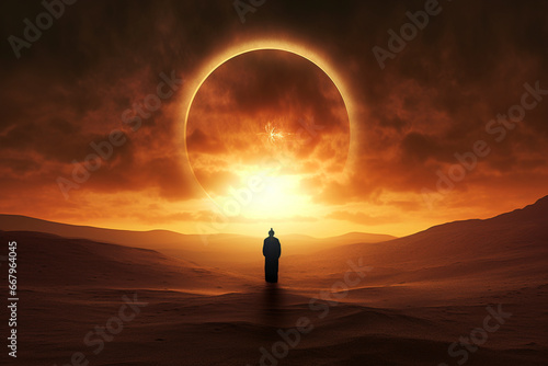 A silhouette of a man seeing a radiant solar eclipse from the desert. (Generative AI)