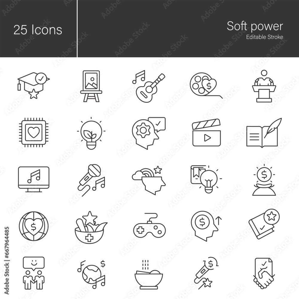 Soft power icon set.  25 editable stroke vector graphic elements, stock illustration Icon, Business, Art, Concepts, Brain, Economy