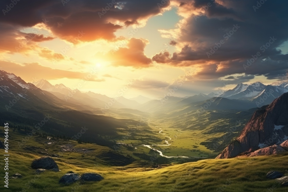 Mountain landscape at sunset. Panoramic view of the mountains and valley, Mountain valley during sundown. Beautiful naural landscape in the summer time, AI Generated