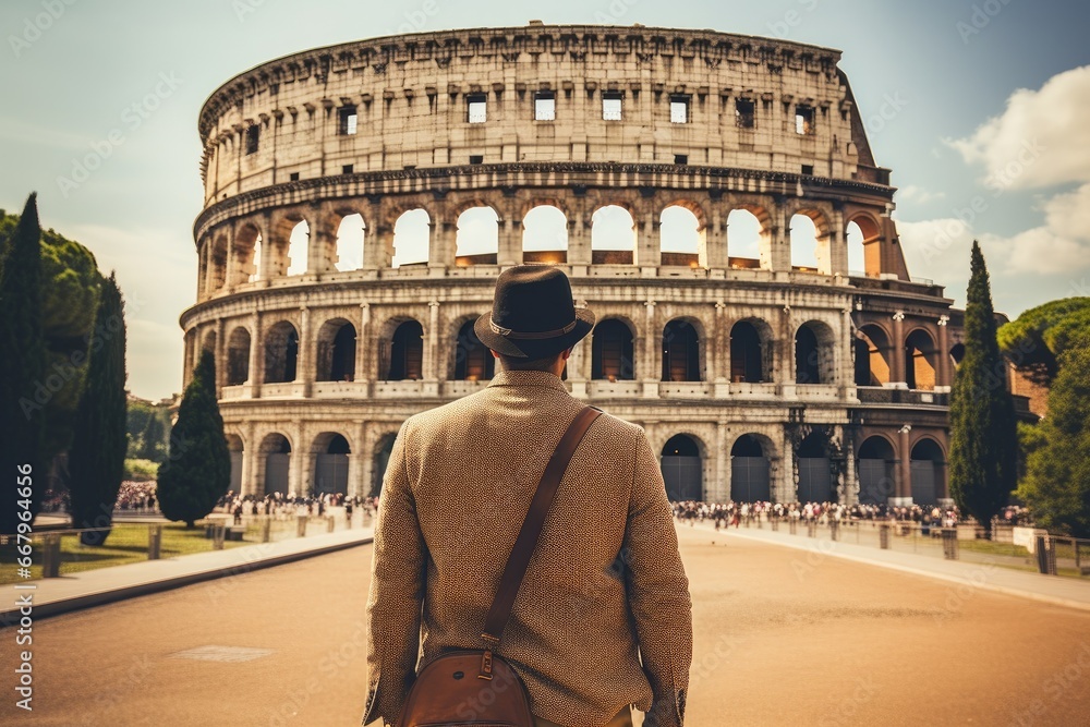 A young man in a hat and a coat looks at the Colosseum in Rome, Italy, Male tourist standing in front of a sandy beach and watching the sea, rear view, full body, AI Generated
