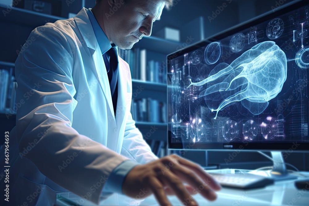 Image of doctor in white coat working with x-ray image in office, Medical doctor hand working with modern computer interface as medical concept. 3D rendering, AI Generated Image of doctor in white coat working with x-ray image in office, Medical doctor hand working with modern computer interface as medical concept. 3D rendering, AI Generated