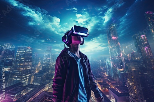Young man wearing virtual reality goggles over night cityscape background. 3D Rendering, Man playing video games with virtual reality headset over night city background, AI Generated