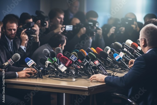 Rear view of journalists interviewing a man in the news studio, Media interview in a conference room, microphones, press conference, press conference, AI Generated photo