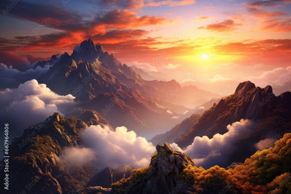 Fantasy landscape with mountains and clouds at sunset. 3d illustration, Mountain top landscape view with clouds at sunset, AI Generated