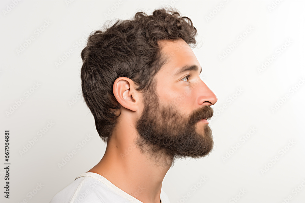 Obraz premium Man with Curly Hair and Thick Beard in Thoughtful Profile