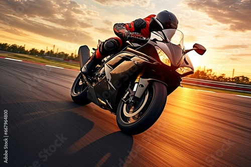 Motorcycle rider rides on a race track at sunset. Motion blur  Motorcycle rider on sport bike rides fast on race track at sunset. Extreme athlete Sport Motorcycles Racing  AI Generated