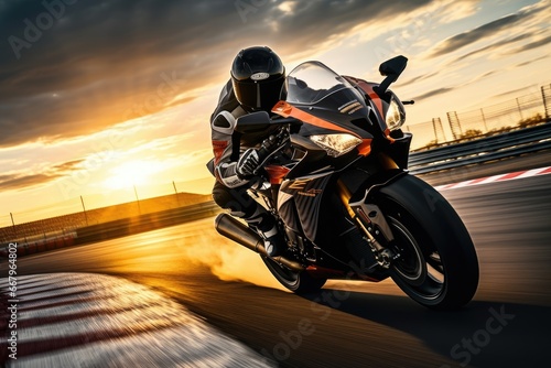 Motorcycle rider on sport bike driving fast on race track at sunset  Motorcycle rider on sport bike rides fast on race track at sunset. Extreme athlete Sport Motorcycles Racing  AI Generated