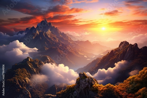 Fantasy landscape with mountains and clouds at sunset. 3d illustration, Mountain top landscape view with clouds at sunset, AI Generated © Ifti Digital