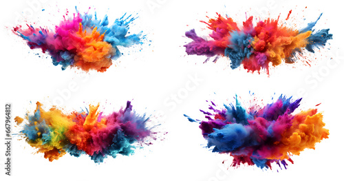  Set of Colored powder explosion. Paint holi, Colorful rainbow holi paint splash, Colorful elements for design, isolated on white and transparent background