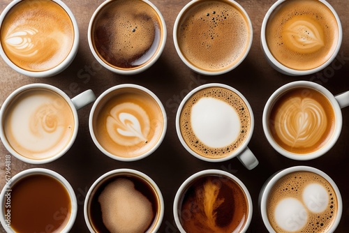 Coffee cups with latte art on wooden table, top view, Multiple cups of coffee with variety of coffee drinks overhead view, AI Generated