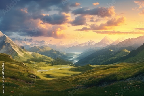 Beautiful mountain landscape at sunset. Digital painting. 3d rendering, Mountain valley during sundown. Beautiful naural landscape in the summer time, AI Generated © Ifti Digital