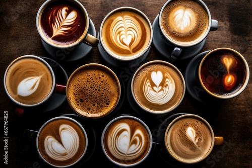 Coffee cups with latte art on wooden table, top view, Multiple cups of coffee with variety of coffee drinks overhead view, AI Generated