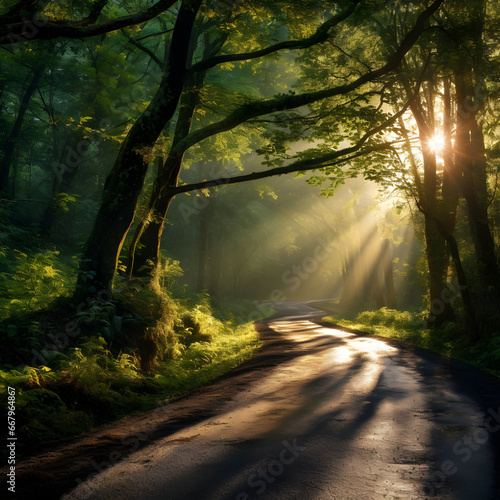 morning sun light rays piercing through the trees in a road of a forest 