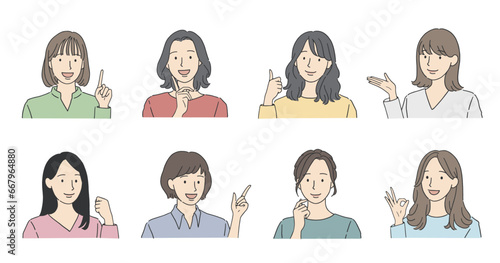 笑顔の女性の様々なポーズイラストセット