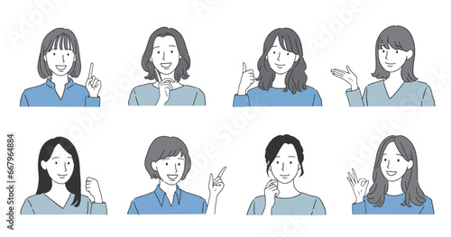笑顔の女性の様々なポーズイラストセット