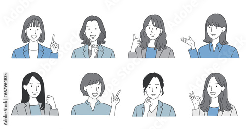 スーツを着た働く女性の様々なポーズイラストセット