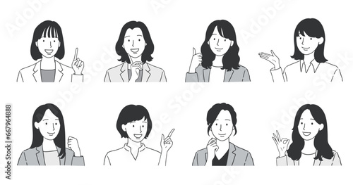 働く女性の様々なポーズセット モノクロイラスト