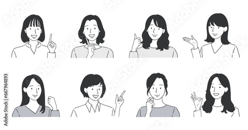 笑顔の女性のポーズセット モノクロイラスト