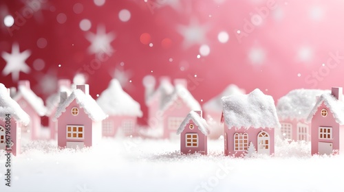 White miniature houses in row on light pastel pink background, Christmas Holiday theme, pink christmas trees snowing, bokeh lights landscape banner