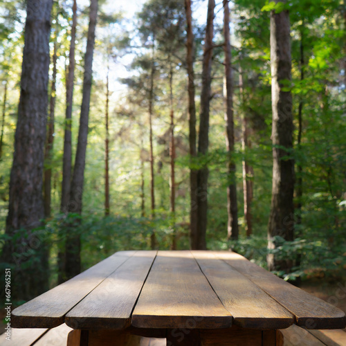 In a green forest, a wooden table stands, surrounded by tall trees blurred background. High quality photo