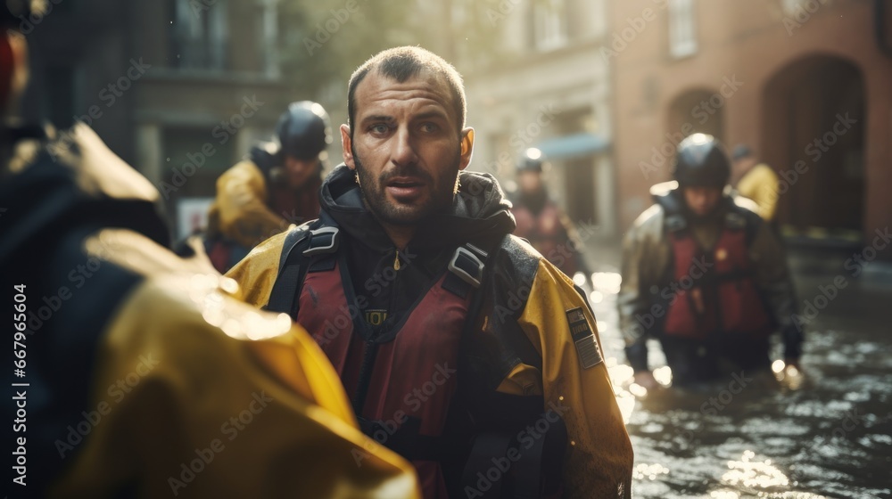 Fototapeta premium Volunteer rescuer helping people in flood victims, natural disaster, climate change.