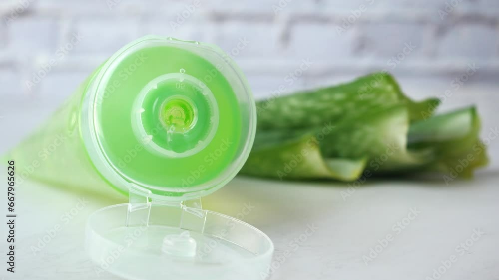 Fresh aloe vera sliced and liquid gel in plastic container on white background Fresh aloe vera sliced and liquid gel in plastic container on white background