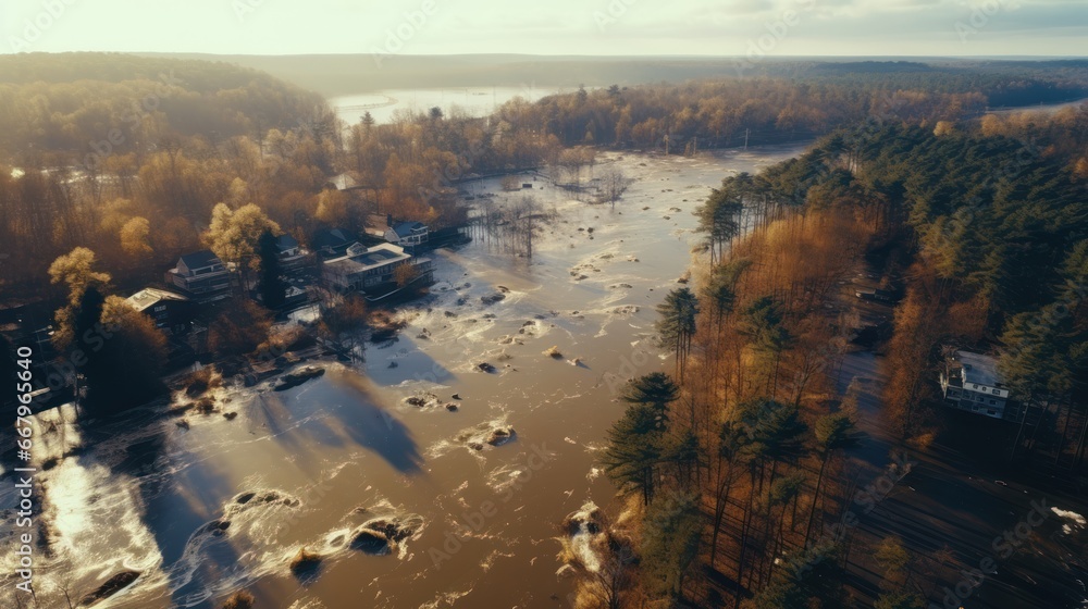 Drone view of great flood in the forest, flooding after heavy storm, climate change.