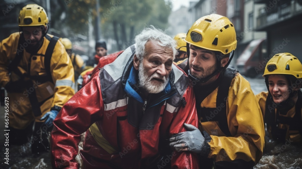 Fototapeta premium Volunteer rescuer helping people in flood victims, natural disaster, climate change.