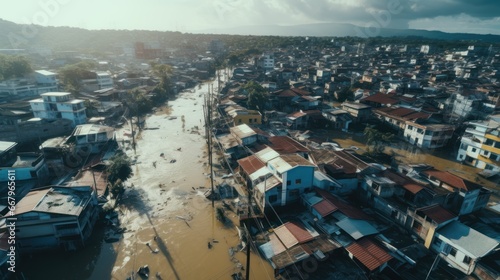 Great flood in the city, flooding after heavy storm, climate change.