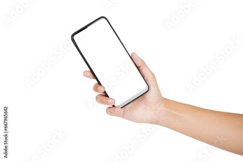 Front view of smartphone in female hand isolated on white background with clipping path