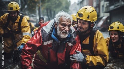 Volunteer rescuer helping people in flood victims, natural disaster, climate change.