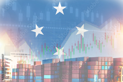 Federated States of Micronesia flag with containers in ship. trade graph concept illustrate poster design.