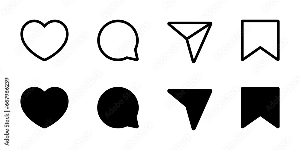 Like, comment, share, and save icon vector of social media. Love, speech bubble, paper plane, favorite sign symbol - obrazy, fototapety, plakaty 