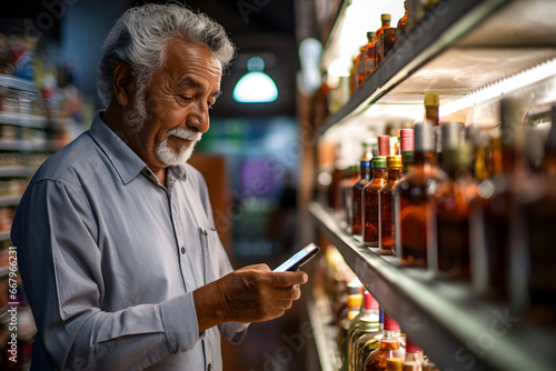 senior Mexican man choosing a product in a grocery store. Neural network generated image. Not based on any actual person or scene.