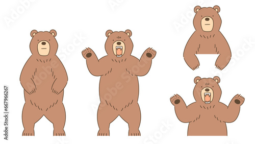 ヒグマのベクターイラスト。正面を向いて立っているポーズと両手を上げて襲うポーズ、全身と上半身のセット。