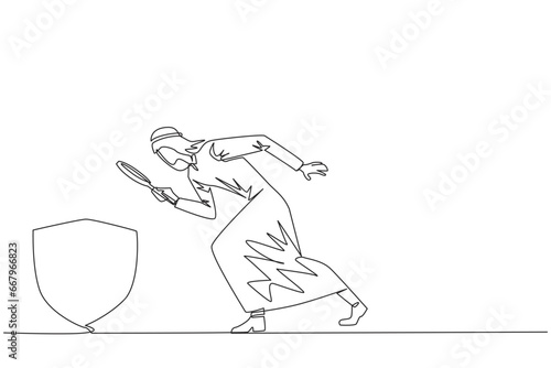 Continuous one line drawing of Arabian businessman holds magnifying glass look at shield. Establish multiple layers of protection for security of business transactions. Single line draw design vector