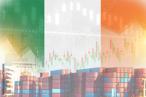 Côte dIvoire flag with containers in ship. trade graph concept illustrate poster design