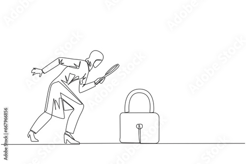 Single continuous line drawing of Arabian businesswoman holds magnifying glass look at padlock. Looking ways to protect stock values to keep high and safe from hackers. One line vector illustration
