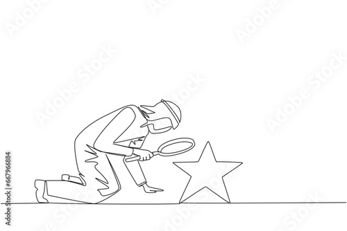 Continuous one line drawing Arabian businessman holds magnifying glass look at stars. The high star is the ultimate goal of business level. Reach dreams. Single line draw design vector illustration
