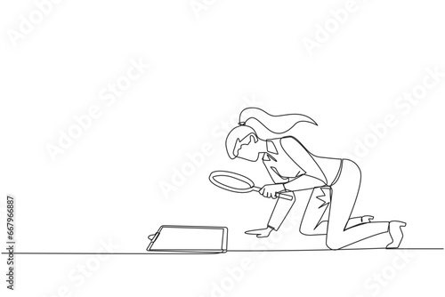 Single continuous line drawing of businesswoman holding magnifying glass look at clipboard. Businesswoman make sure by checking back work that may have been missed. Careful. One line design vector