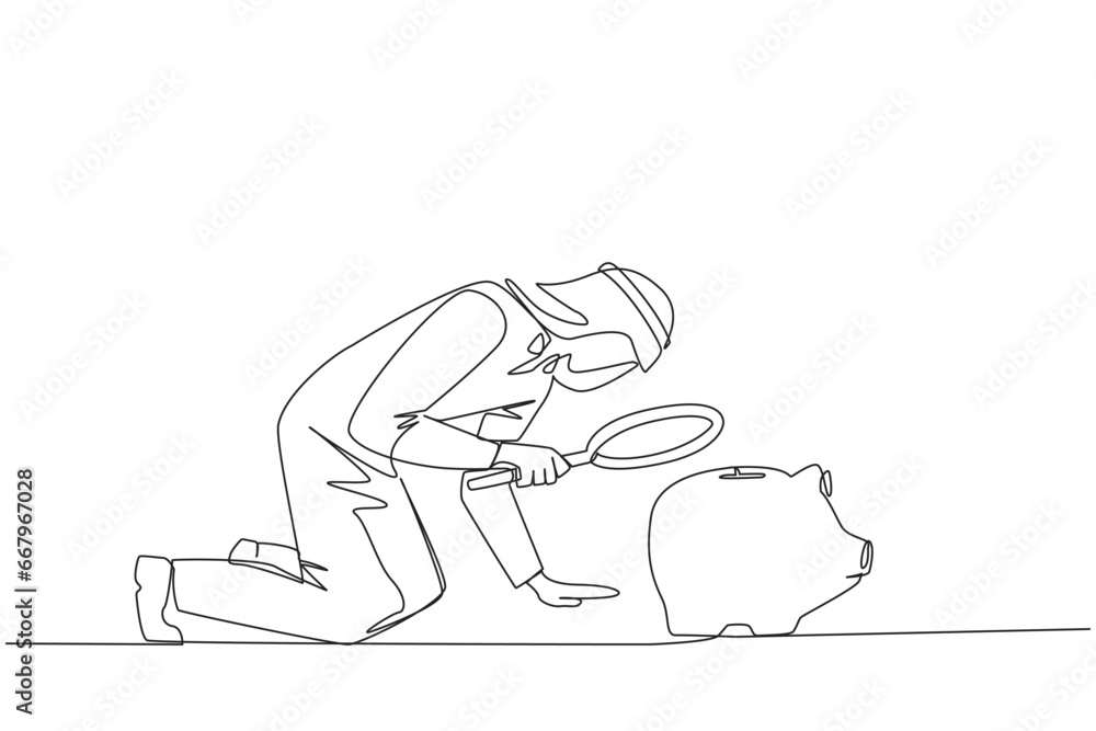 Single one line drawing Arabian businessman holding magnifying glass looking at piggy bank. A stagnant business requires additional capital from piggy bank. Continuous line design graphic illustration